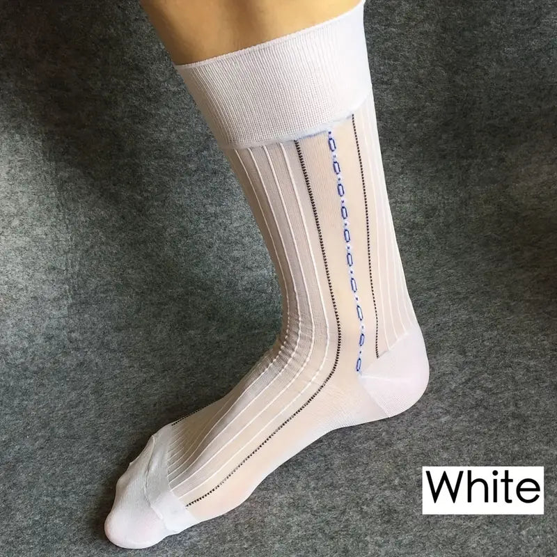 "Refined men's striped sheer socks in a frosted pearl hue, featuring a cool, icy elegance – The Duke of Frost by Eliot Grey Socks."