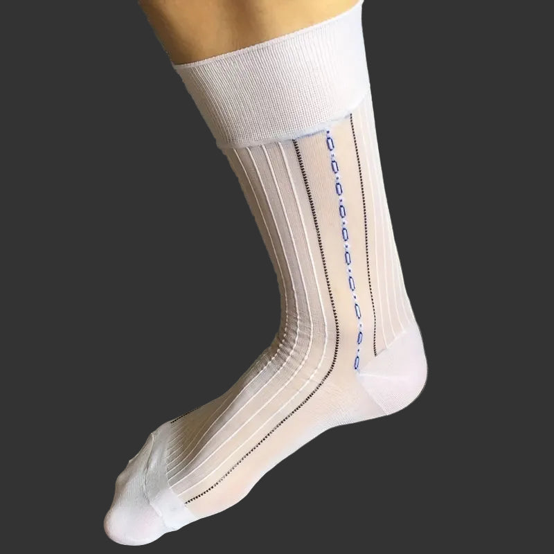 "Refined men's striped sheer socks in a frosted pearl hue, featuring a cool, icy elegance – The Duke of Frost by Eliot Grey Socks."