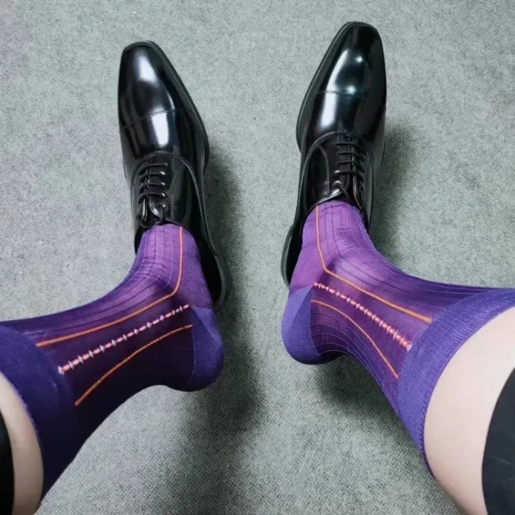 "Luxury multi-color men's sheer socks featuring a regal purple toe, designed for a bold, sophisticated statement – Purple Reign by Eliot Grey Socks."