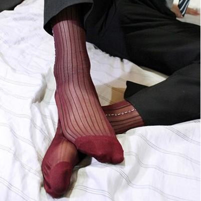 “The Marquis Merlot sheer dress socks in deep wine red, luxury breathable hosiery for men, ideal for sophisticated formal wear.”
