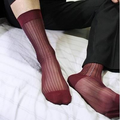 “The Marquis Merlot sheer dress socks in deep wine red, luxury breathable hosiery for men, ideal for sophisticated formal wear.”