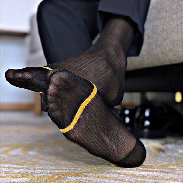 “Elegant Golden Regent sheer socks for men, luxury breathable hosiery with golden accents, perfect for formal and stylish occasions.”