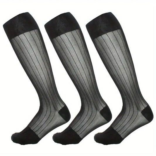 Black Onyx Men's Silk Knee-High Dress Socks – Luxe Fall & Winter Collection (3 Pairs)"