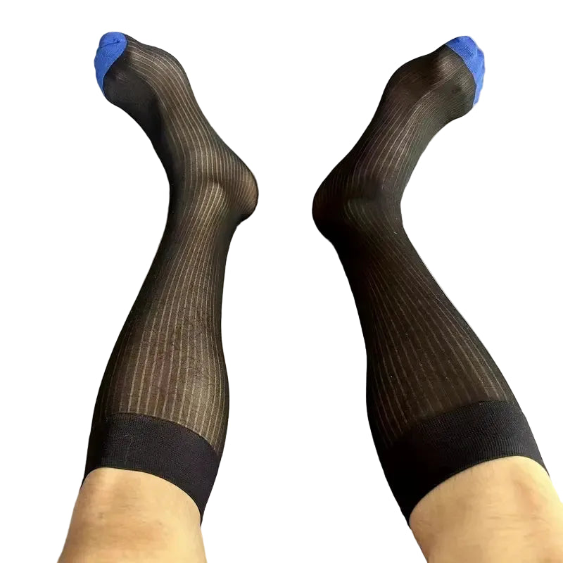 "Men’s luxury sheer dress socks in classic black with bold executive styling – The Regent by Eliot Grey Socks, inspired by London’s power and presence."