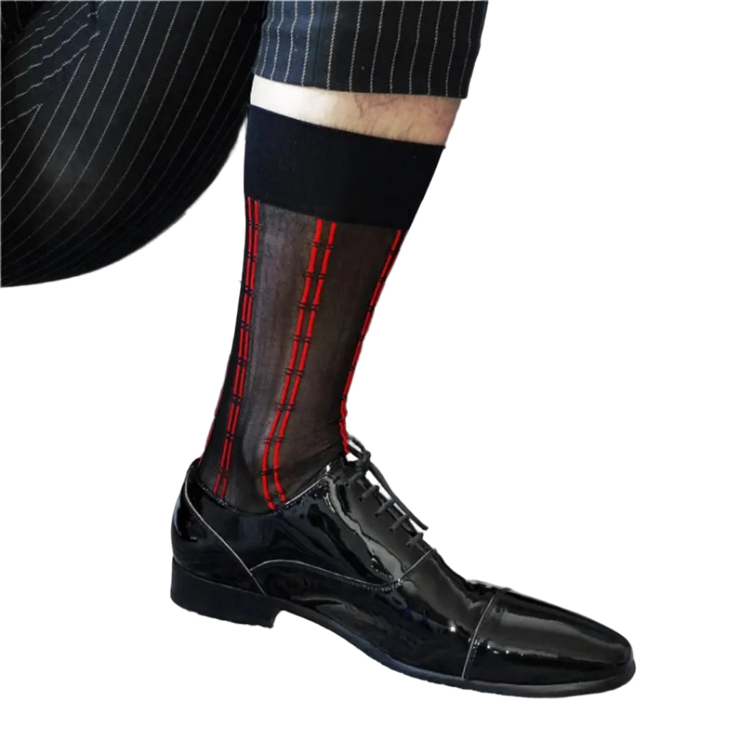 Men's sheer tube dress socks with transparent stripe design – exotic formal silk socks suitable for business suits and elegant occasions