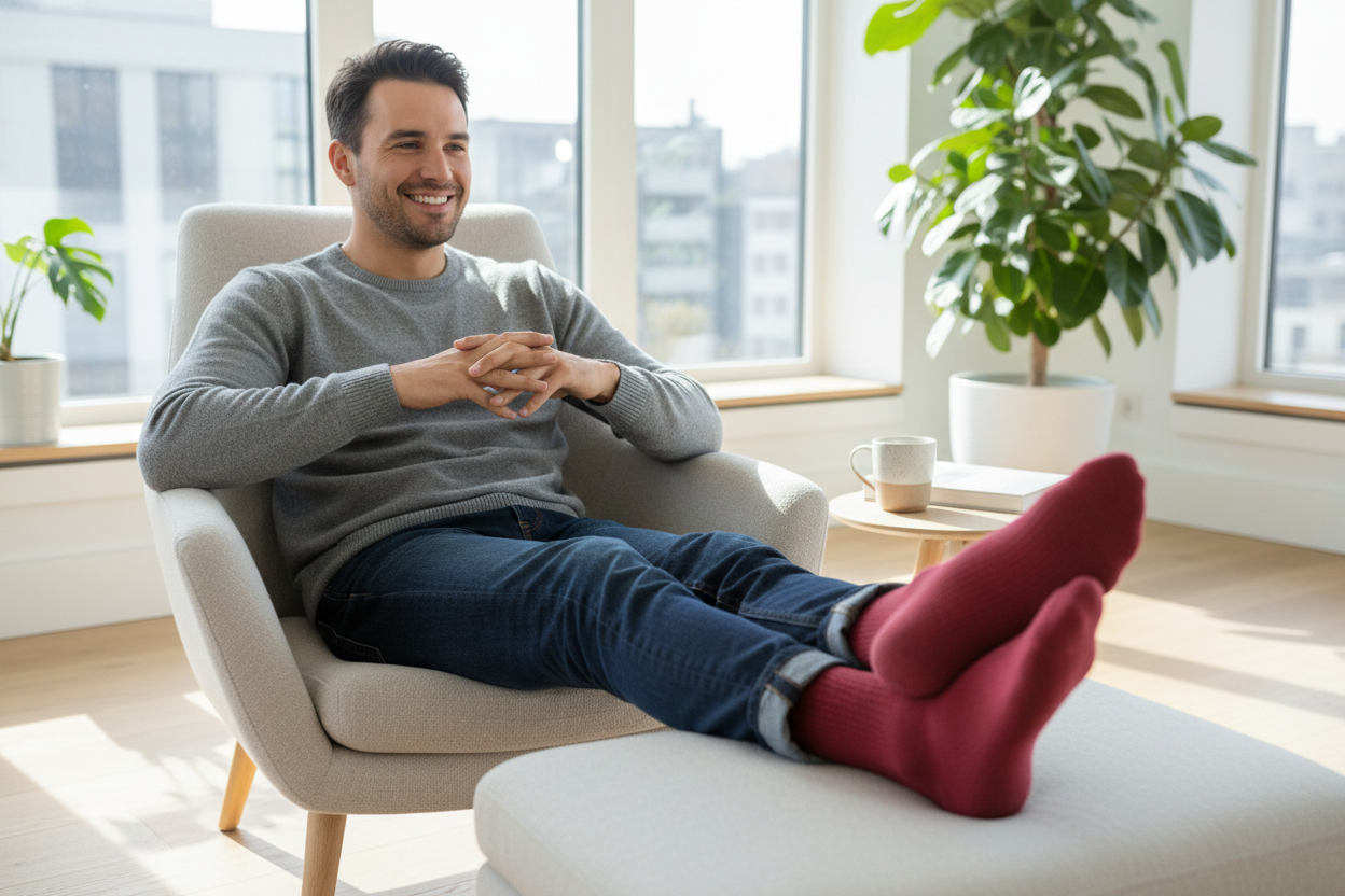 Man sitting down wearing red bamboo socks