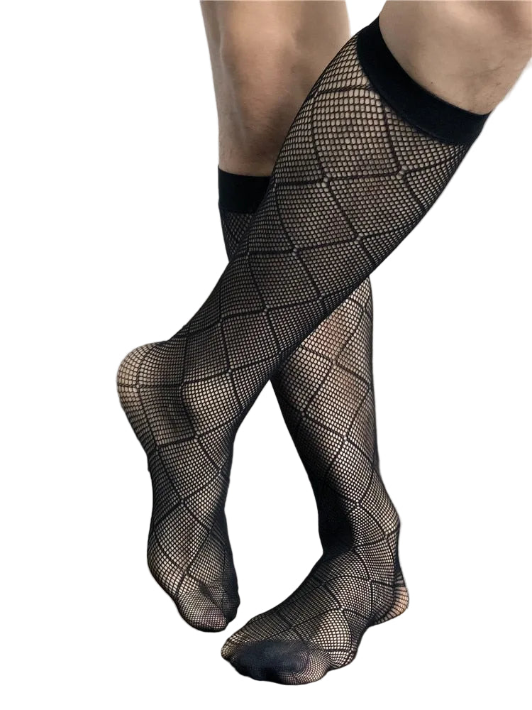 "Sophisticated men's sheer dress socks featuring a subtle diamond breeze pattern for a regal, breathable finish – King Lear by Eliot Grey Socks."