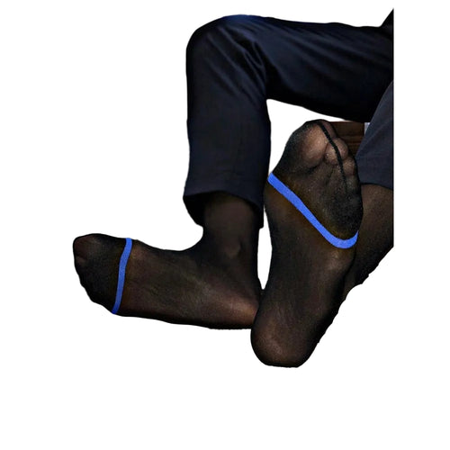 "Bold men's sheer dress socks in vibrant cobalt blue, designed for confident, standout style – Cobalt Reign by Eliot Grey Socks."