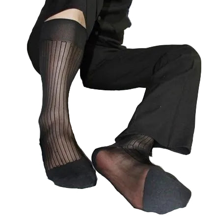 "Elegant over-the-calf black sheer socks for men, crafted with Wall Street-inspired sophistication – The Chancellor by Eliot Grey Socks."