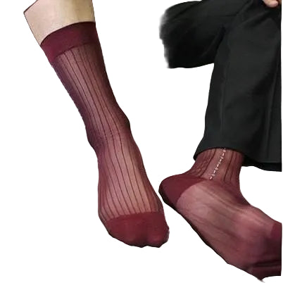 “The Marquis Merlot sheer dress socks in deep wine red, luxury breathable hosiery for men, ideal for sophisticated formal wear.”